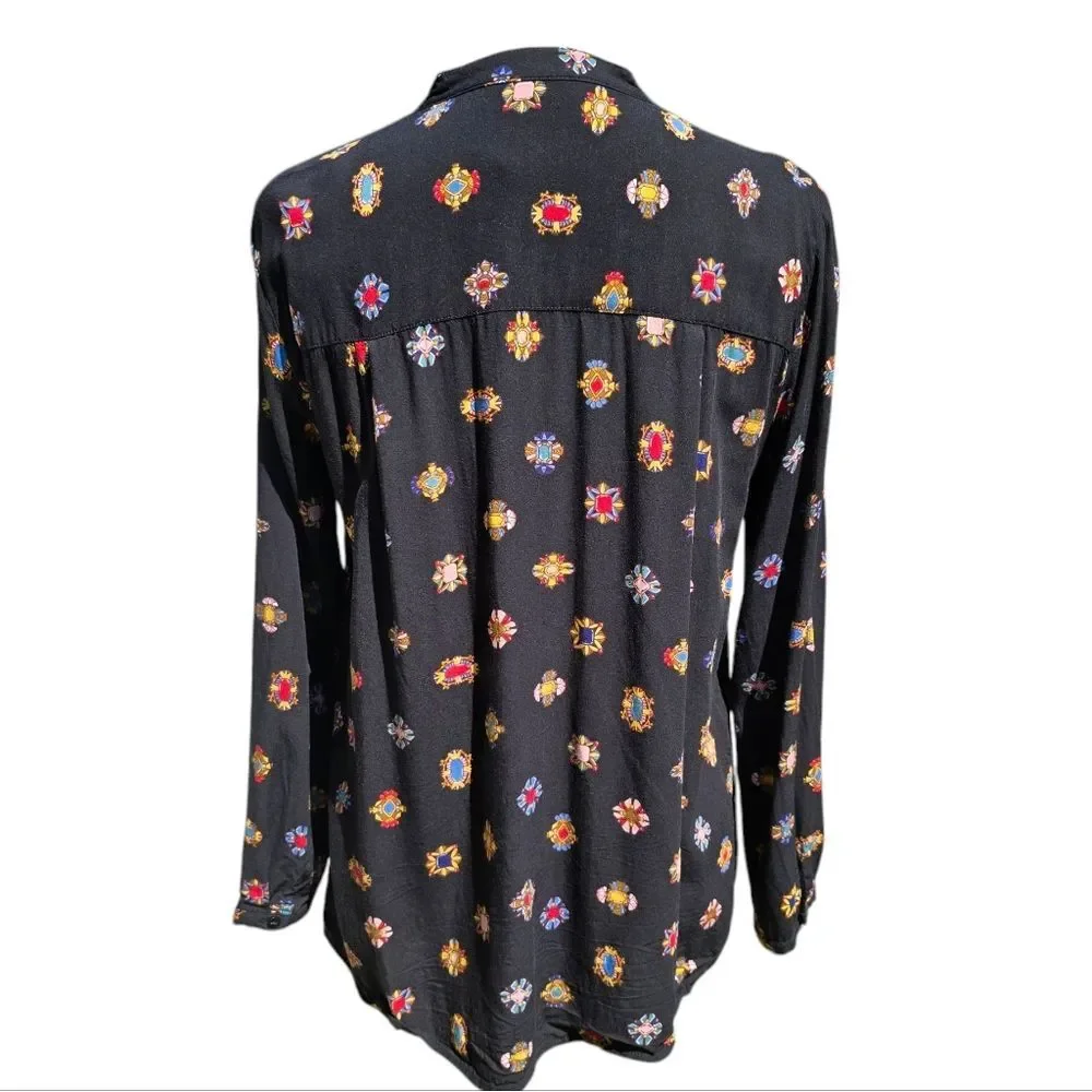 Zara -1824 Jewel Print‎ Button Up Shirt Long Sleeve Black Multicolor Medium